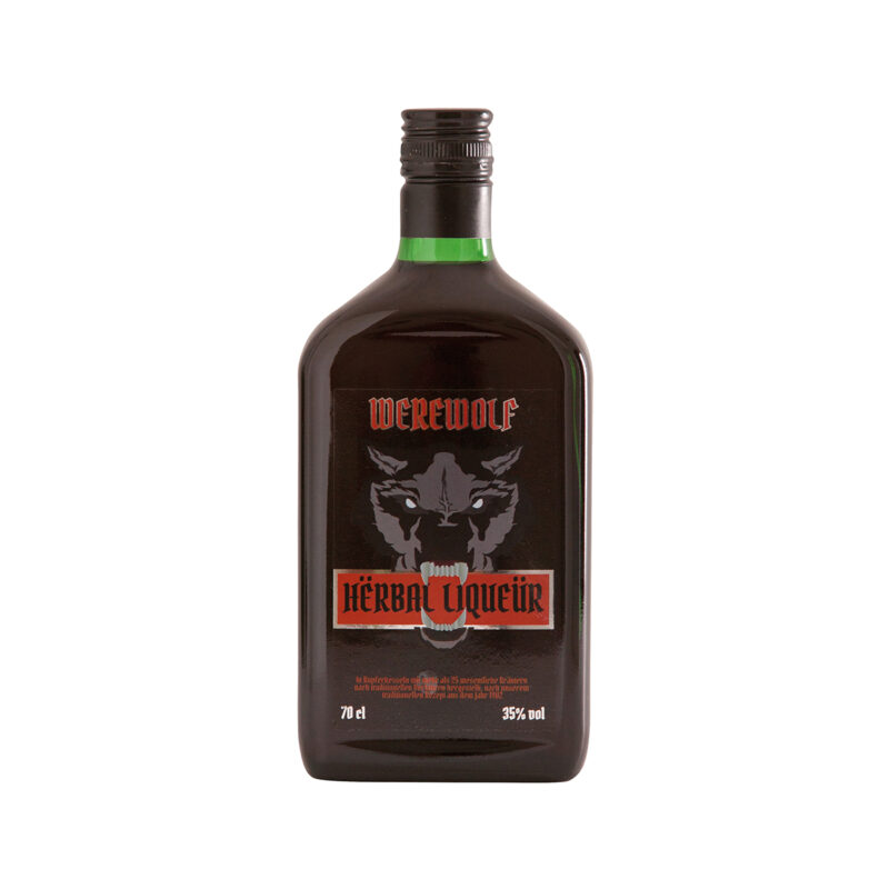 Werewolf licor de hierbas Hërbal Liqueür con etiqueta de lobo, botella 70 cl