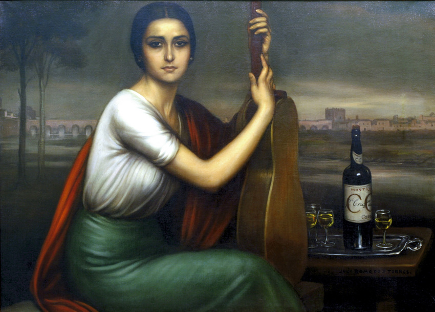 Cartel de Julio Romero de Torres para Bodegas Cruz Conde con la mujer de La Cordobesa