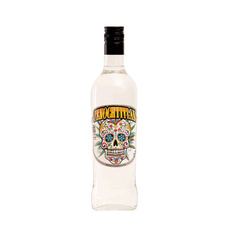 Bebida Espirituosa Tenochtitlan con etiqueta de calavera decorada, botella 70 cl