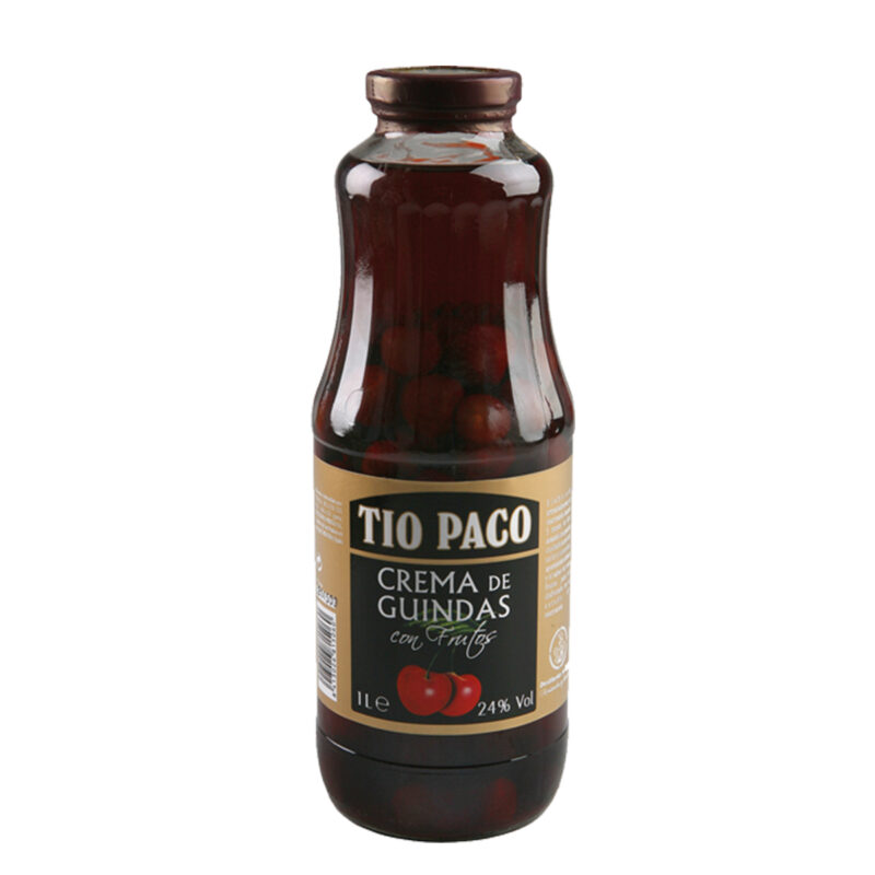 Crema de Guindas con Frutos Tío Paco 1 L con guindas en la botella