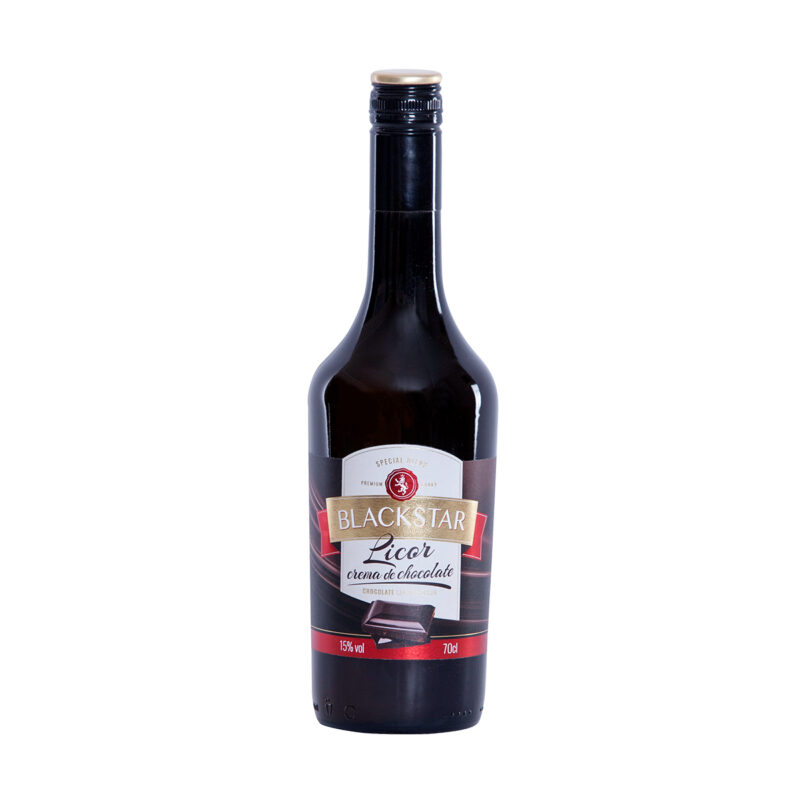 Licor Crema Chocolate Blackstar 70 cl con etiqueta negra, roja y dorada