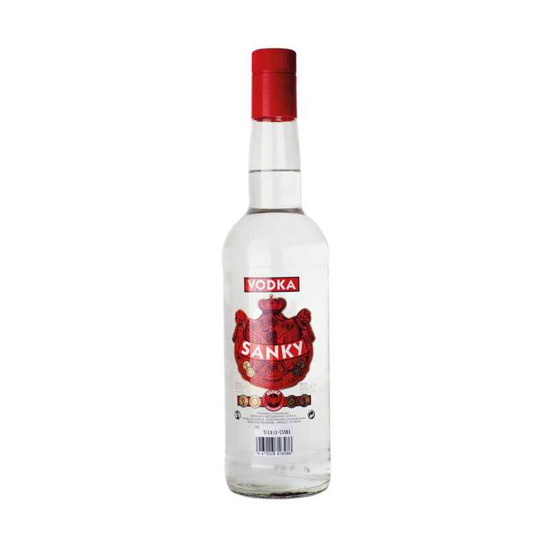 Vodka Sanky vodka español transparente con escudo heráldico, botella 70 cl